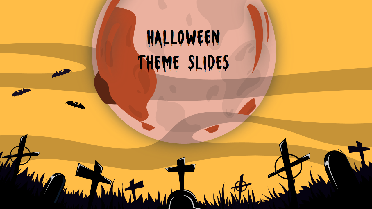 Halloween theme slide with a spooky graveyard, flying bats, and a glowing orange moon in the yellow and black background.