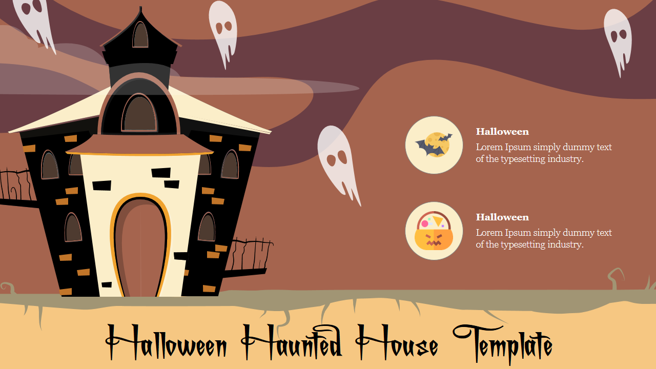 Spooky Halloween template with haunted house graphics and ghost icons on a dark background.