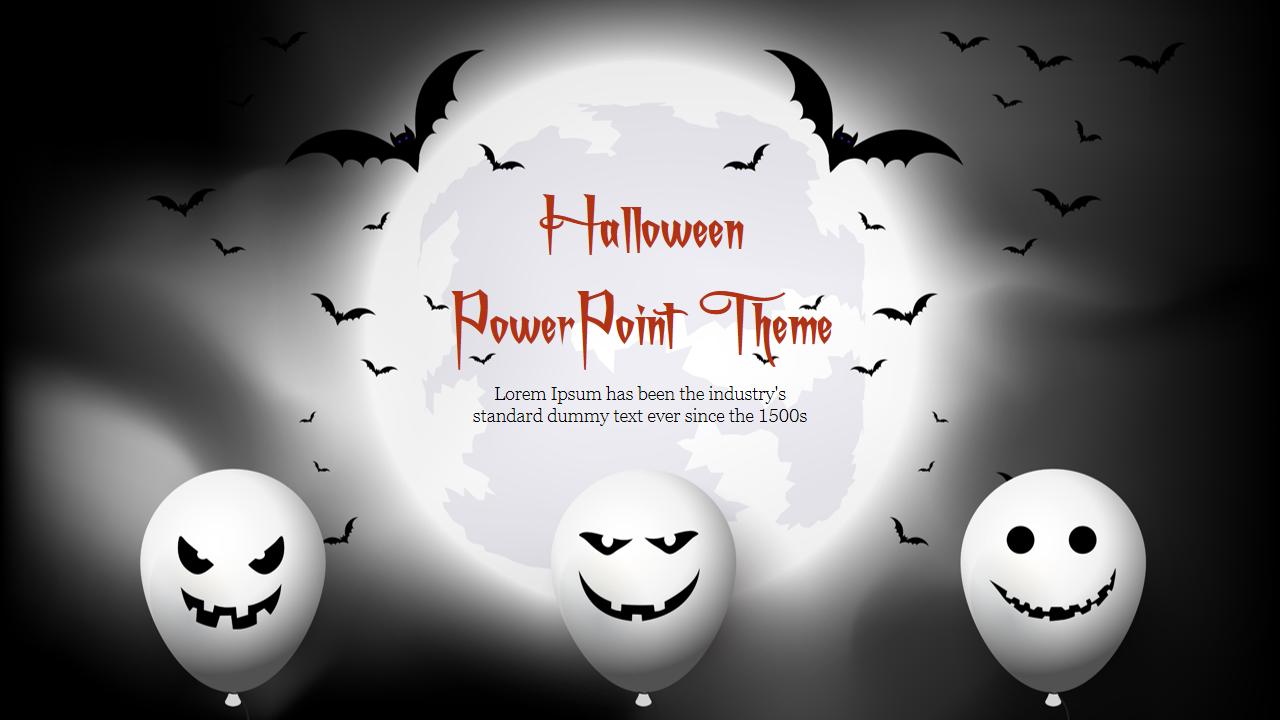 Halloween themed PowerPoint slide featuring bats flying across a full moon with spooky balloons and a gothic design.