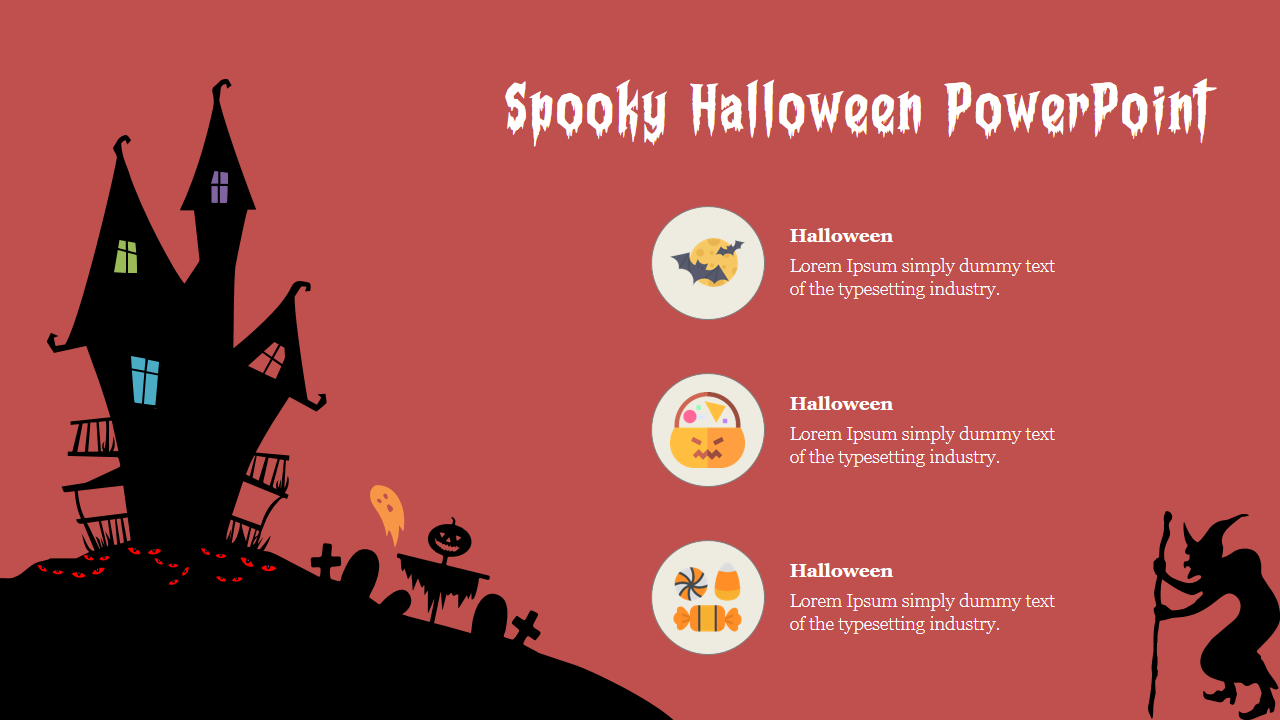 Halloween slide featuring a haunted house, pumpkins, ghosts, and bats, with three text placeholders, on a red background.