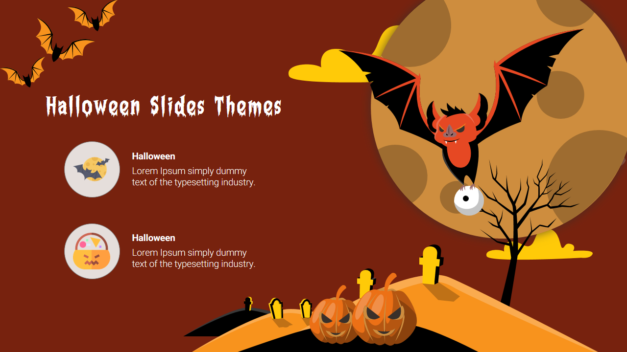 A Halloween themed PPT slide with a flying bat and pumpkins, showcasing two icons and captions with text placeholders.