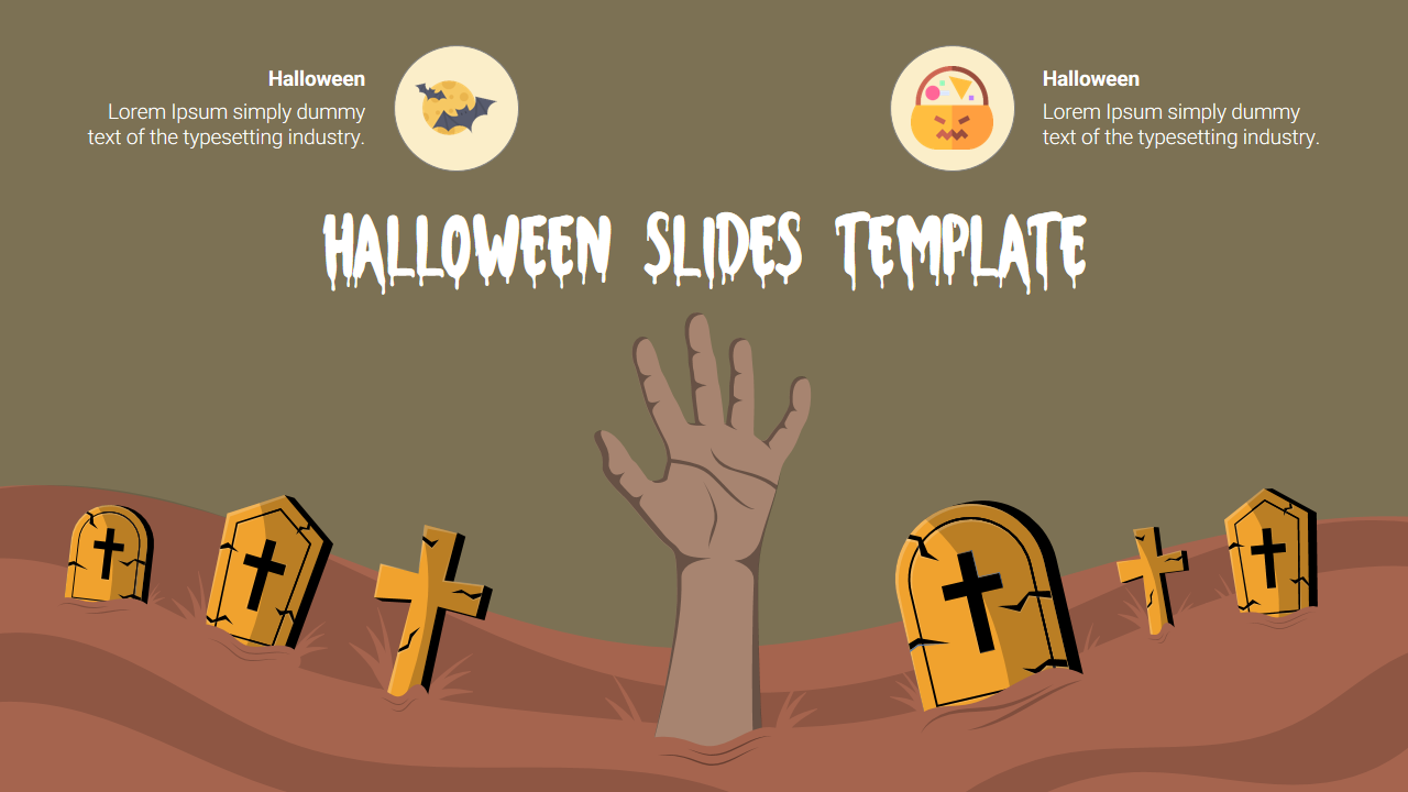 Halloween themed Google Slide featuring a raised hand from a grave, tombstones, and spooky icons with placeholder text.