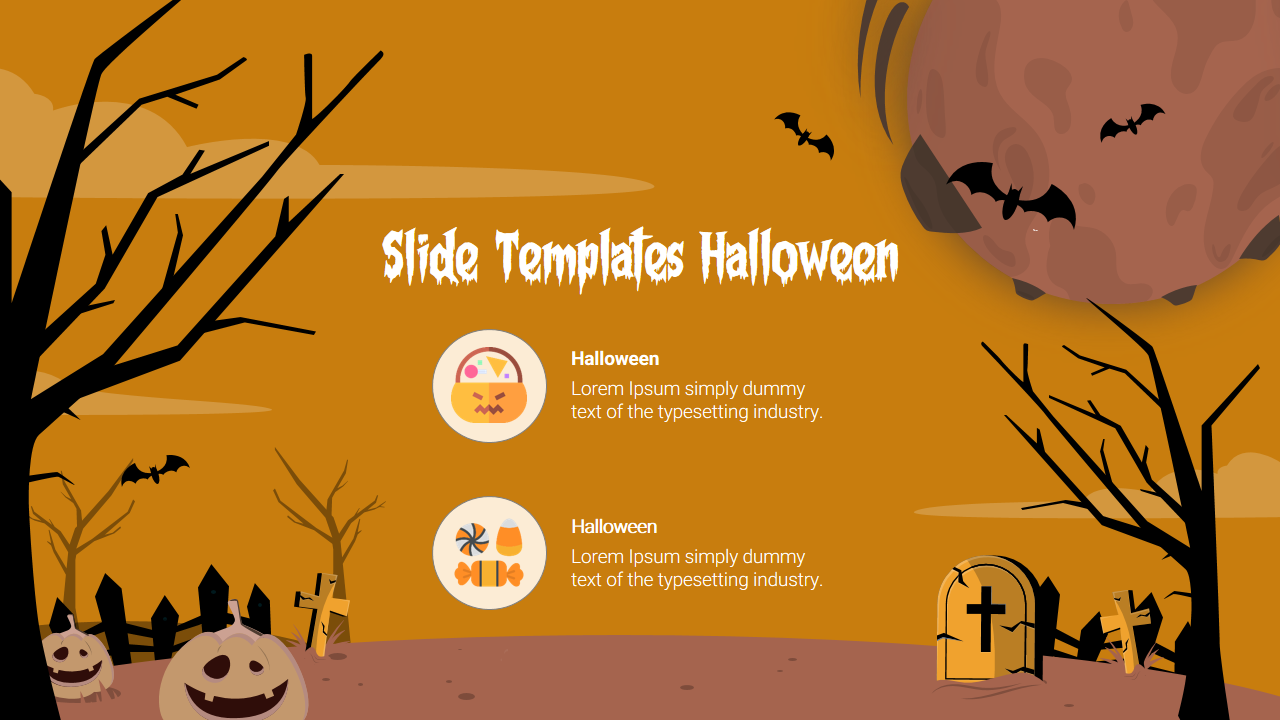 Halloween themed Google Slide with jack o lanterns, bats, and gravestones on an orange background with icons.