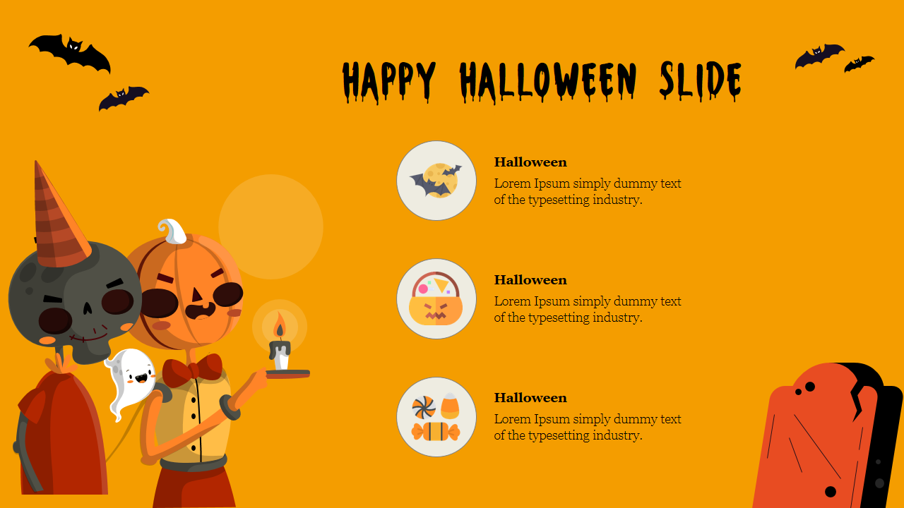 Happy Halloween Google Slide with cartoon characters dressed as a skeleton, pumpkin, and ghost with icons on a yellow theme.