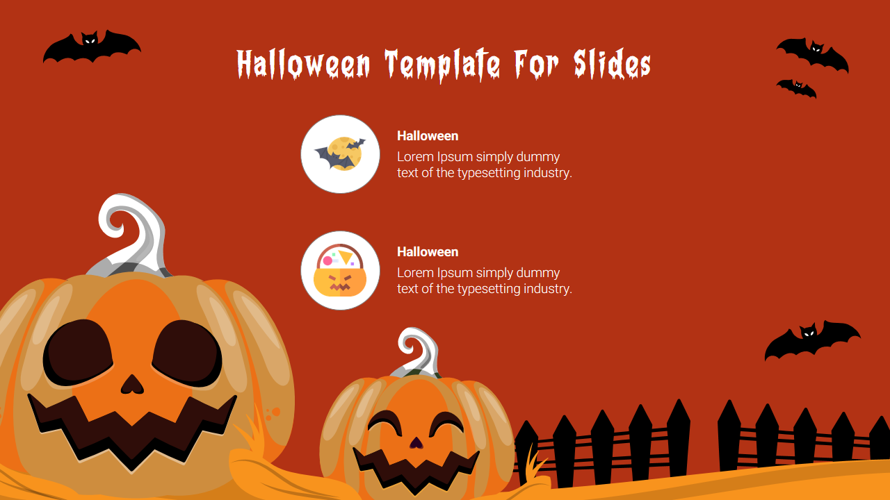 Halloween Google Slide with jack o lantern pumpkins, bats, and spooky decorations on an orange background.