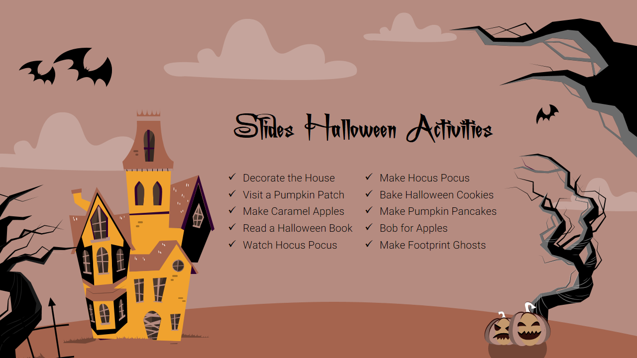 Halloween themed slide listing fun activities like decorating, baking, and visiting a pumpkin patch.