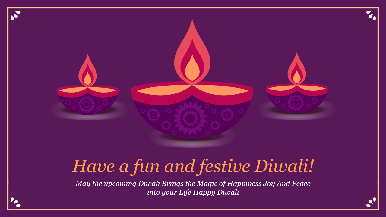 Purple Diwali greeting with three illuminated diyas, decorative patterns, and festive message in orange and white text.