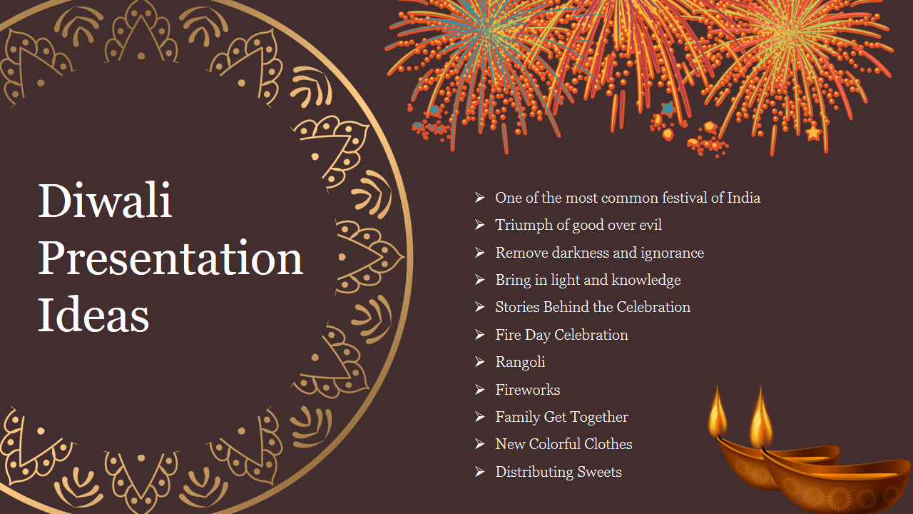 Diwali slide with a circular decorative border, fireworks, list of topics, and glowing diya lamps, on a brown backdrop.