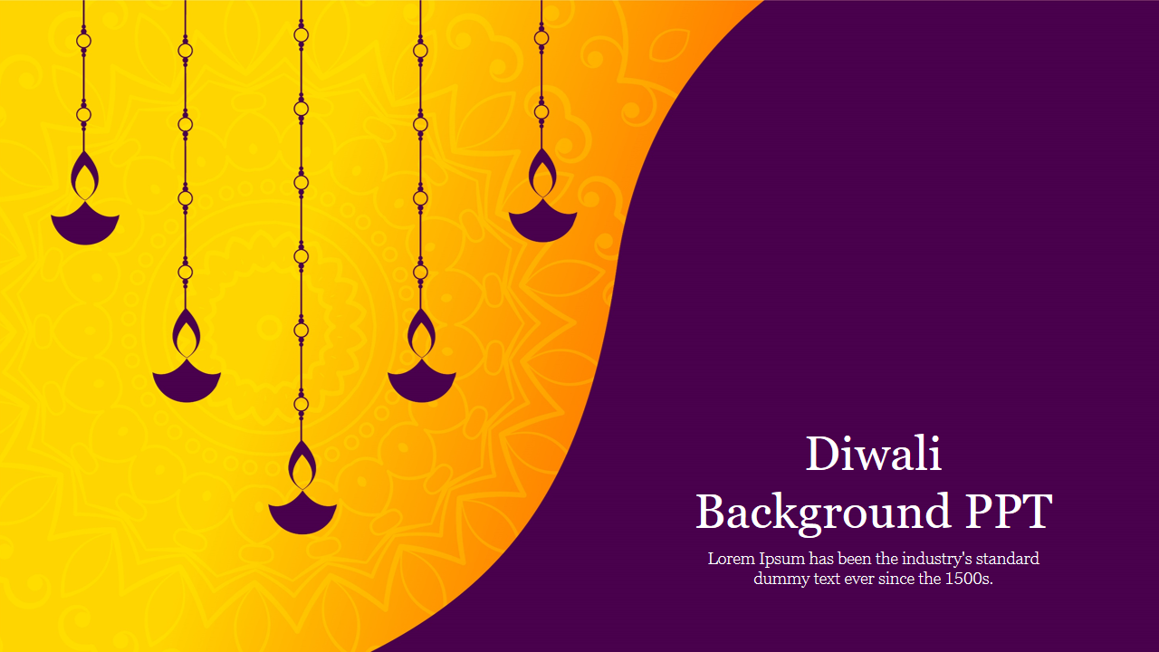 Diwali-themed background with vibrant orange and purple colors featuring decorative hanging lamps with caption area.