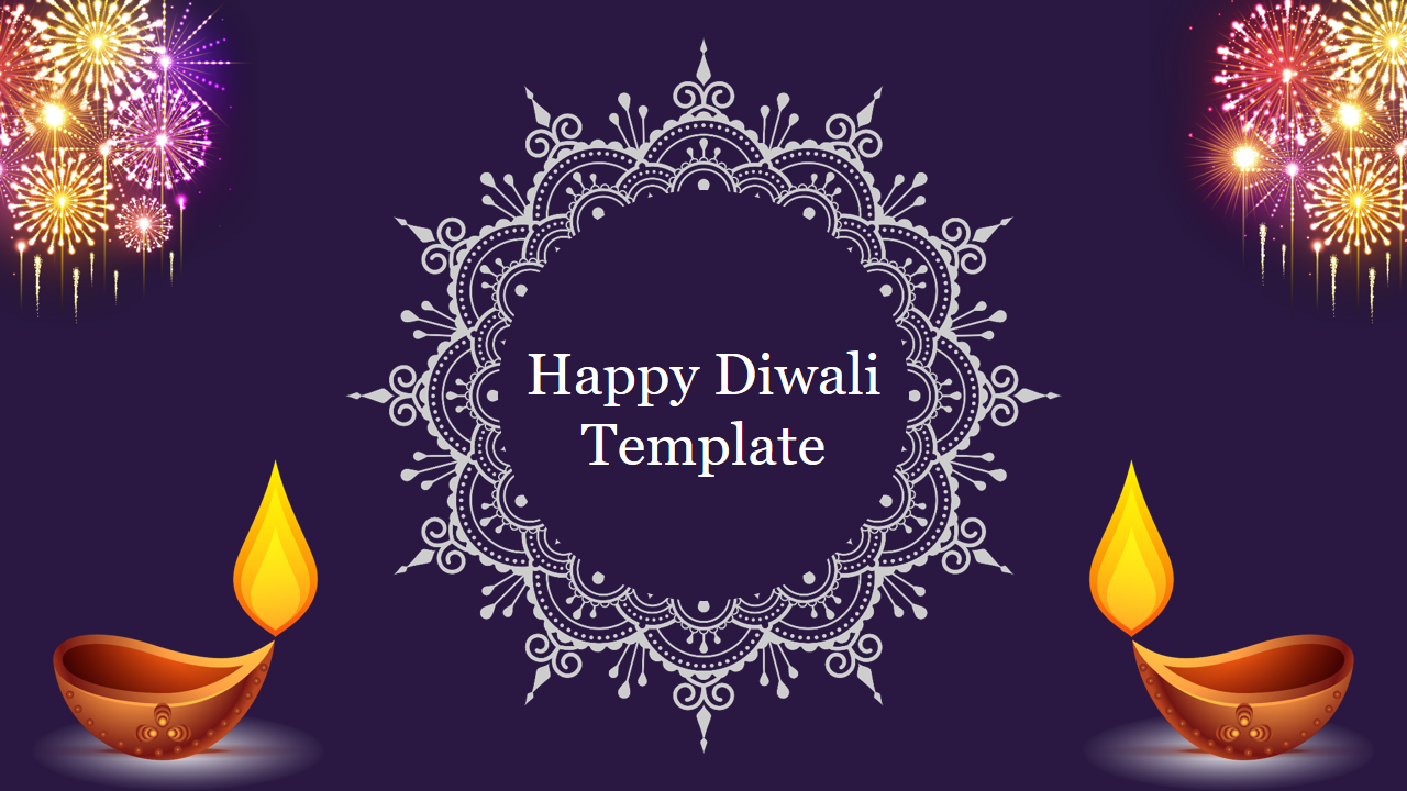 Happy diwali template featuring decorative elements like traditional lamps and colorful fireworks on a purple backdrop.