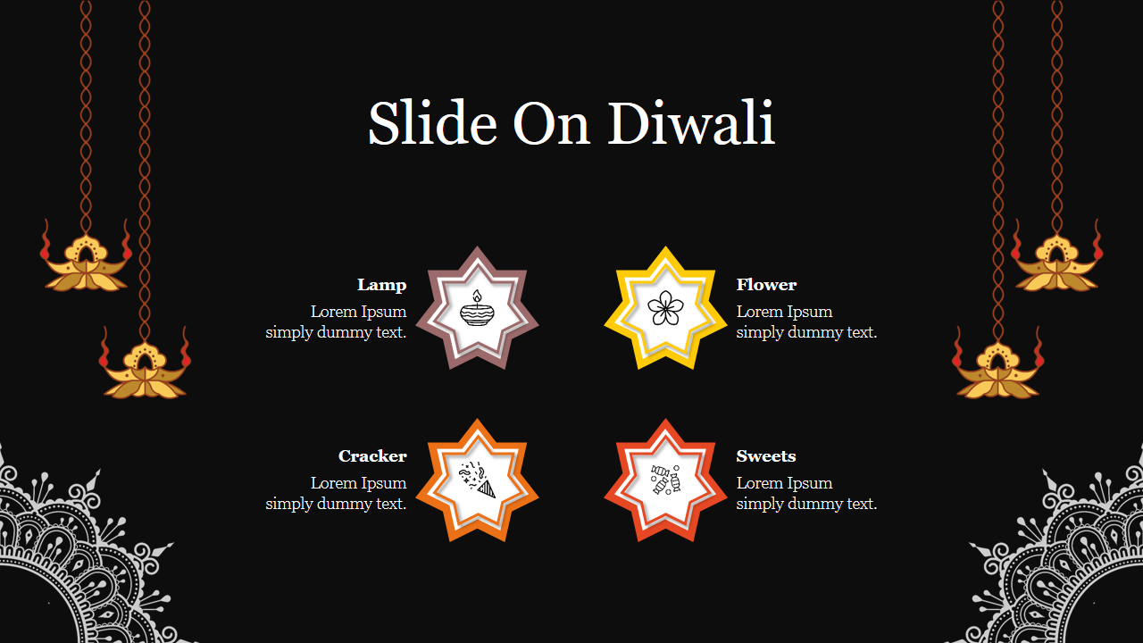 Decorative Diwali slide with hanging lamps, intricate corner designs, and four star shaped icons, on a black background.