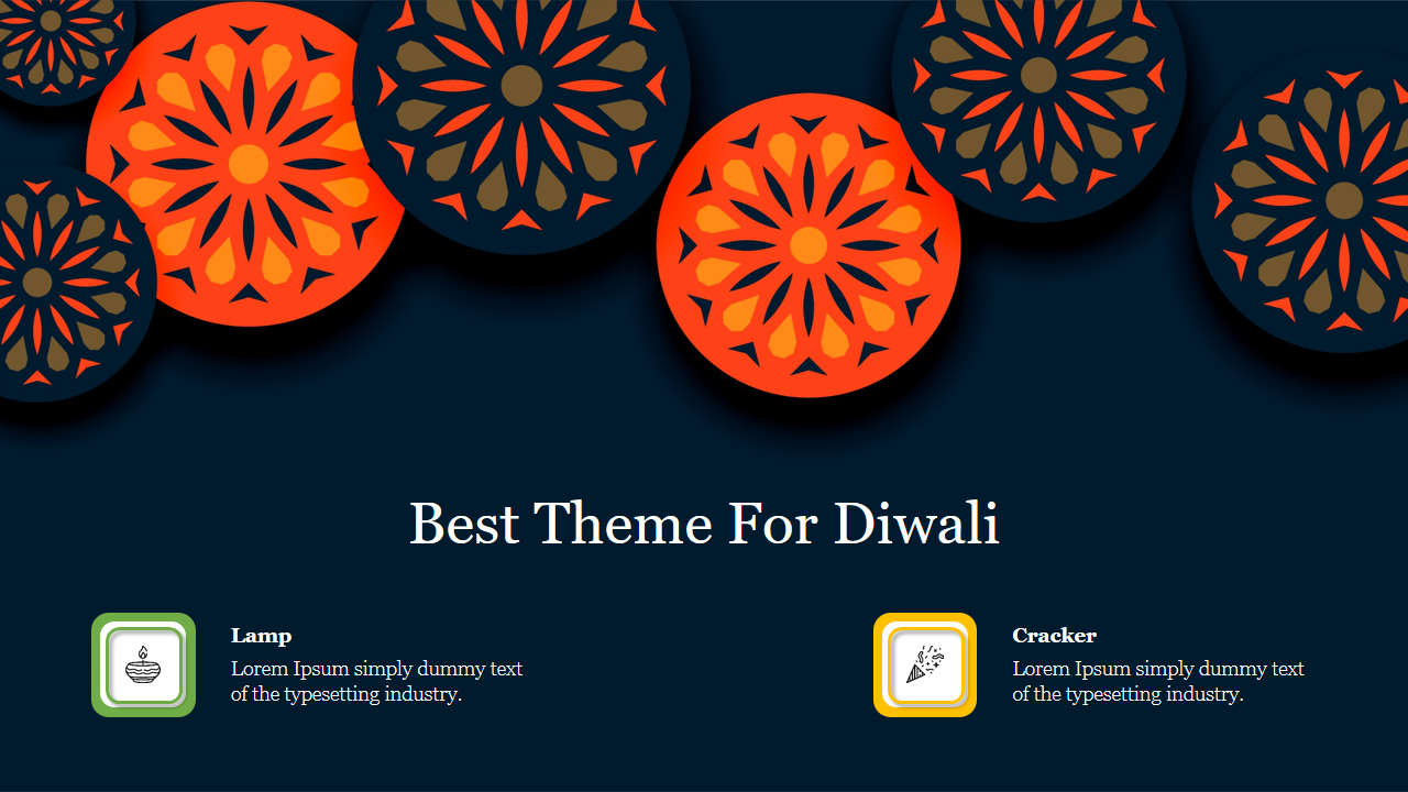 Diwali themed slide featuring intricate orange and dark floral circles, with two icons for lamp and cracker below.