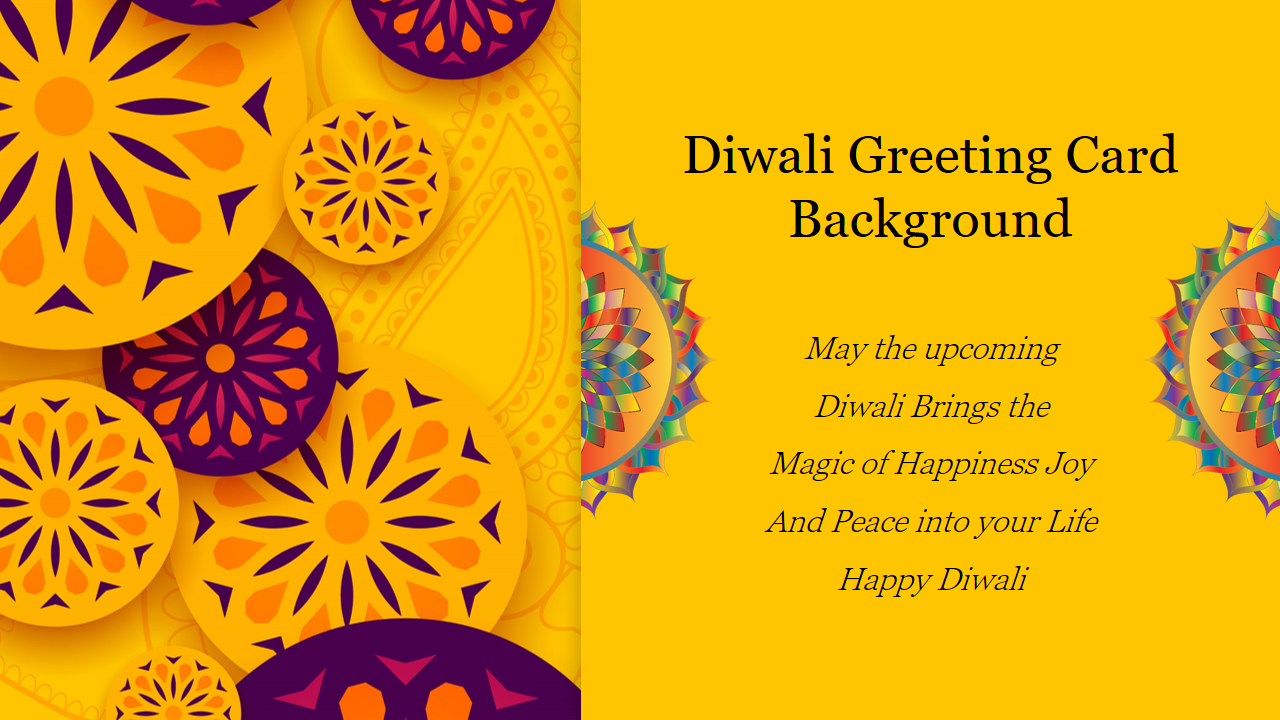 Bright and colorful Diwali greeting background slide featuring intricate yellow and purple patterns with a festive message.