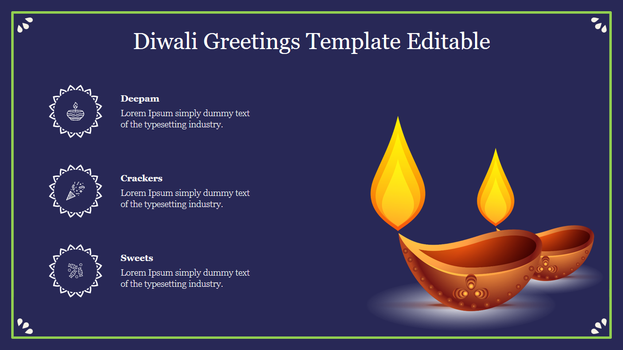 Diwali-themed slide with three diya lamps on the right and three caption placeholders on the left.