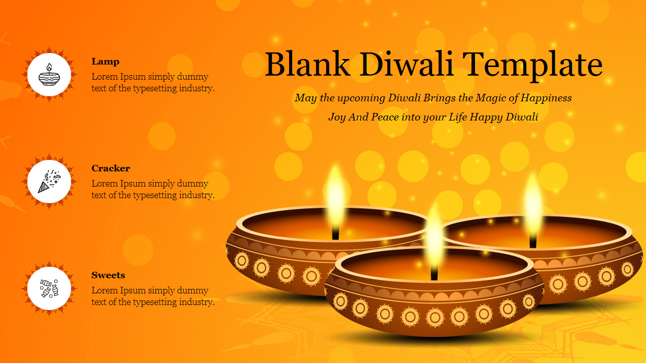 Diwali themed slide with three lit diyas on a glowing orange background, and three captions with icons on the left.