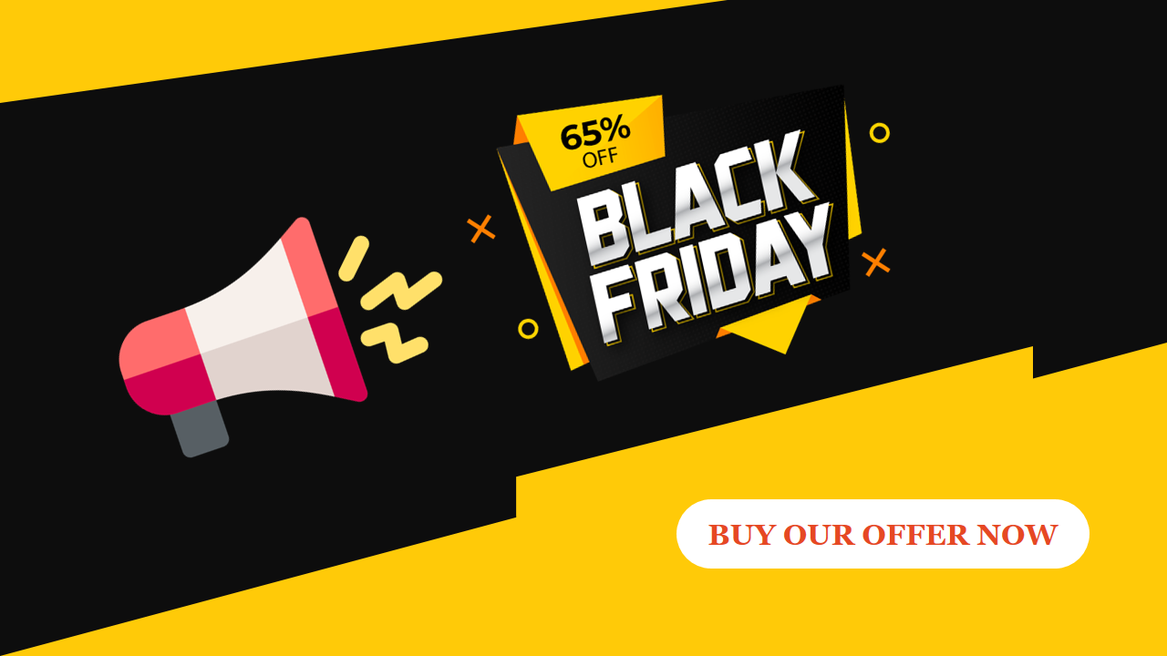 Black Friday slide showing a megaphone icon emitting discount text and a buy now button below, on a dark and yellow backdrop.