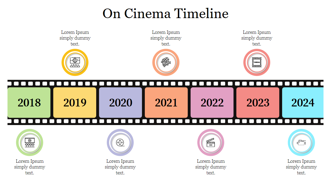 Colorful cinema timeline slide featuring a filmstrip graphic with years from 2018 to 2024, and various icons above and below.