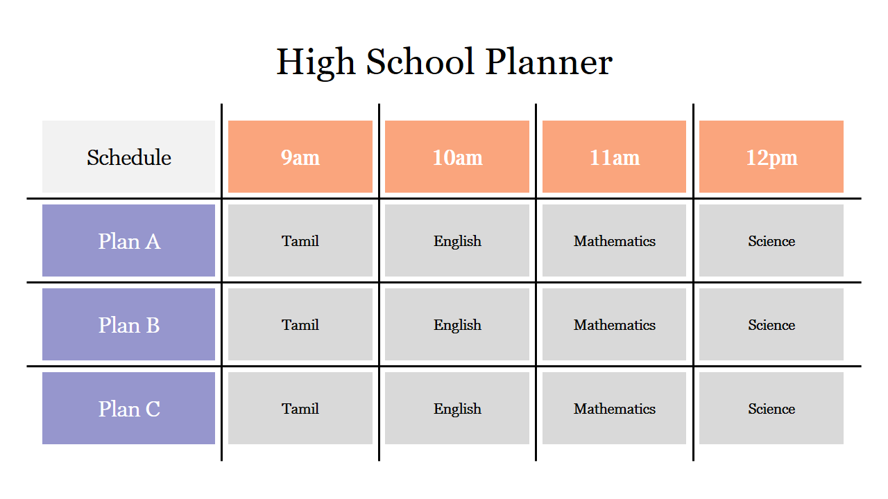 High school planner slide featuring a detailed schedule layout for classes at different times.