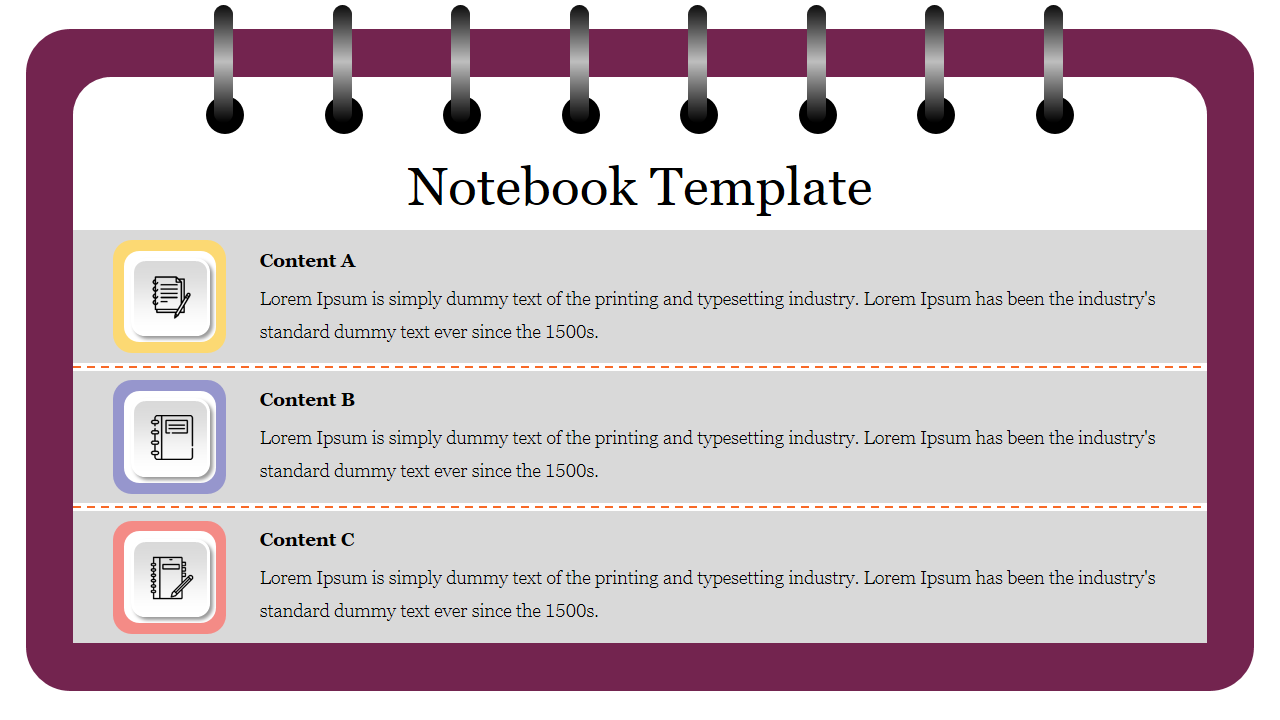 Notebook template with a purple border, featuring three content labels in yellow, blue, and red.