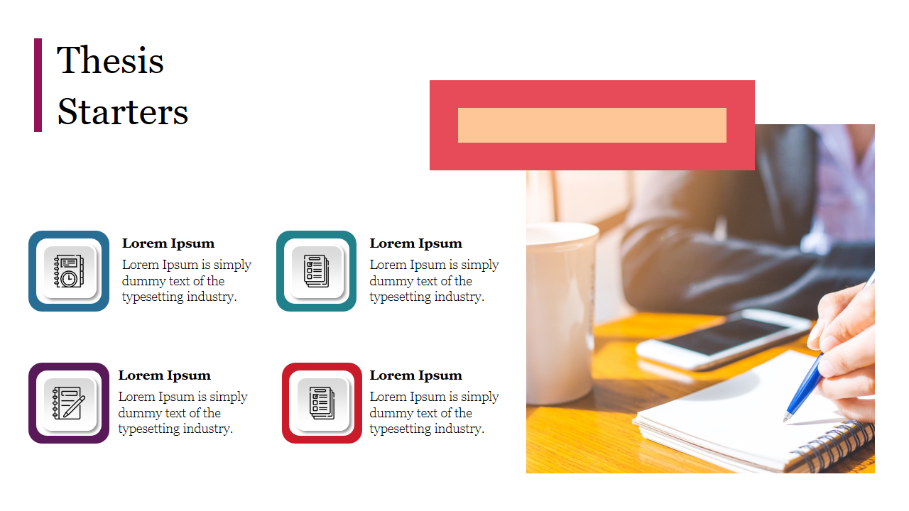 Thesis starters slide featuring icons for writing tools, including a pen, notebook, and folder, with placeholder text.