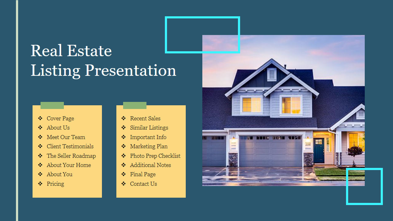 Real estate listing slide with two yellow content boxes listing topics and a house image on a blue background.