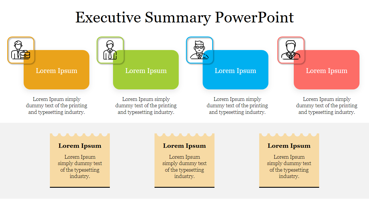 A colorful executive summary slide with five sections at the top featuring icons of professionals and with placeholder text.