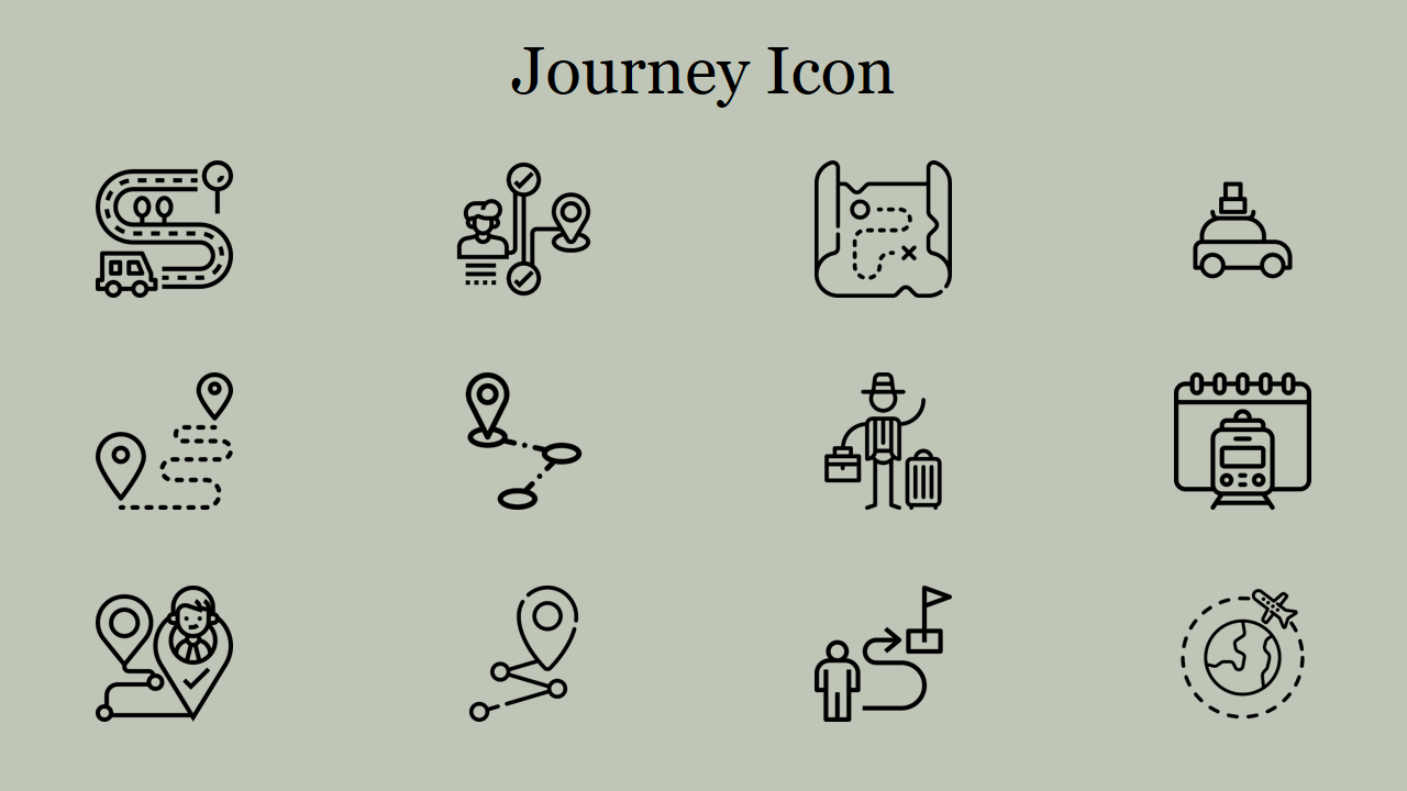 Set of journey themed icons including location pins, maps, and travel related symbols.