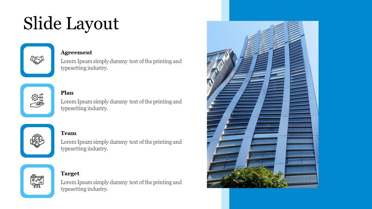 Slide layout with four square icons and label, and a building photo on the right with a blue background.