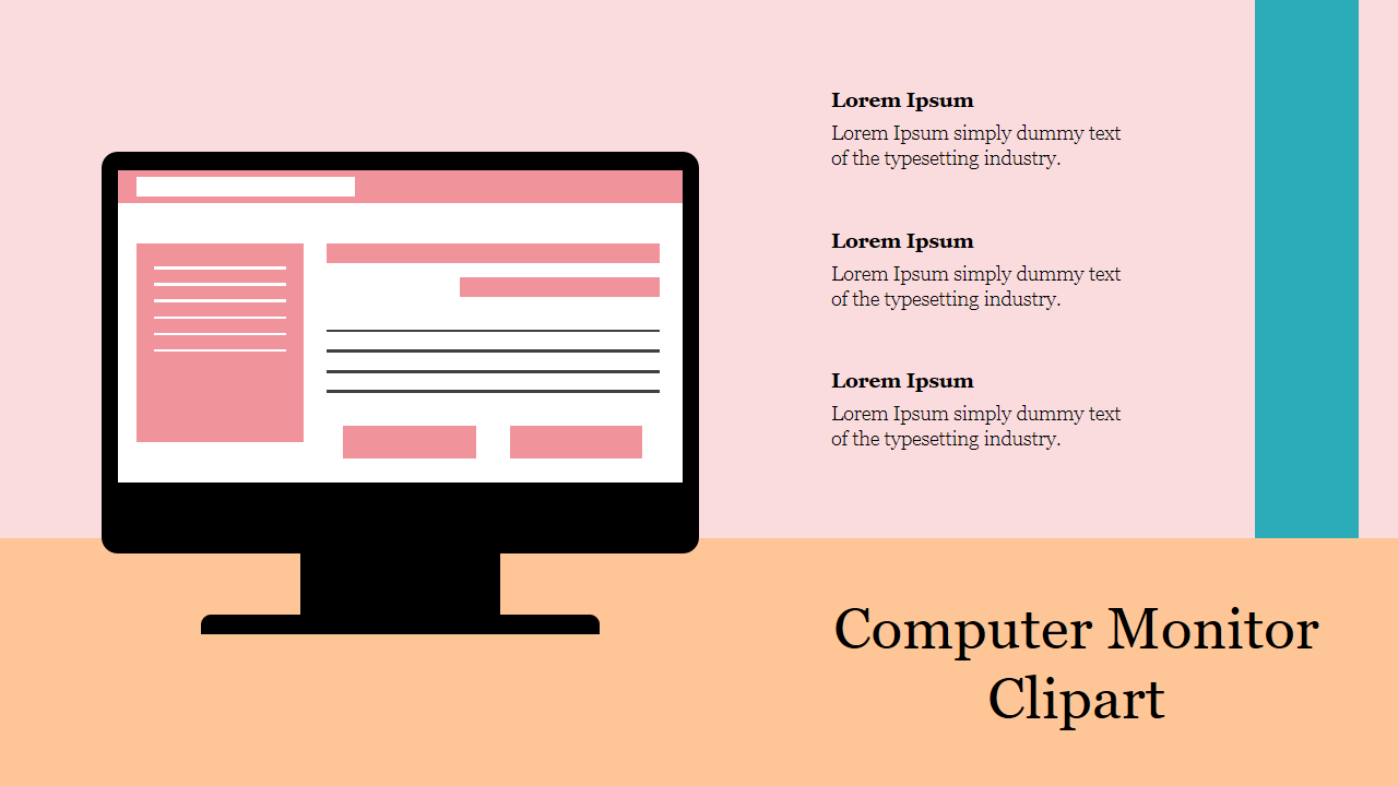 Clipart illustration of a computer monitor with a pink screen displaying text, with three captions on the right.