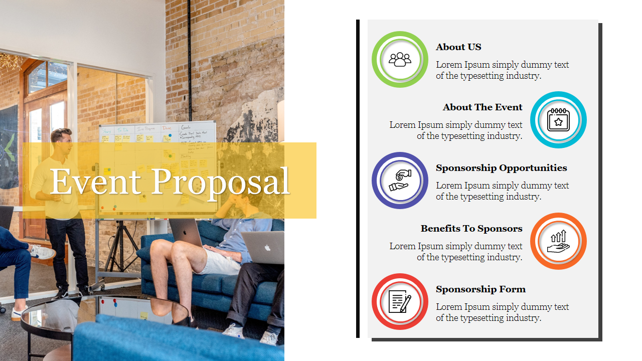 Event proposal slide with a meeting scene on the left and key topics with color coded icons and text descriptions.