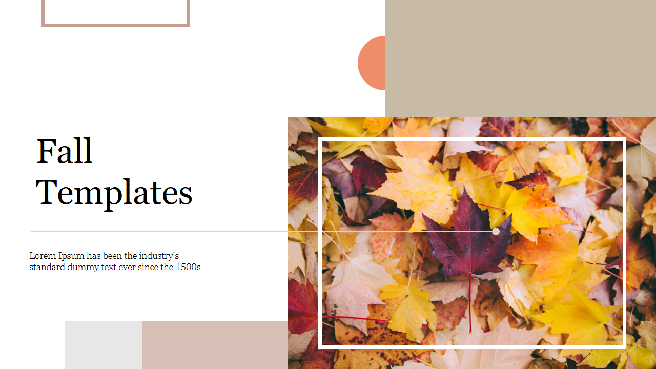 A fall themed PowerPoint slide featuring autumn leaves with vibrant colors and a minimalistic design.