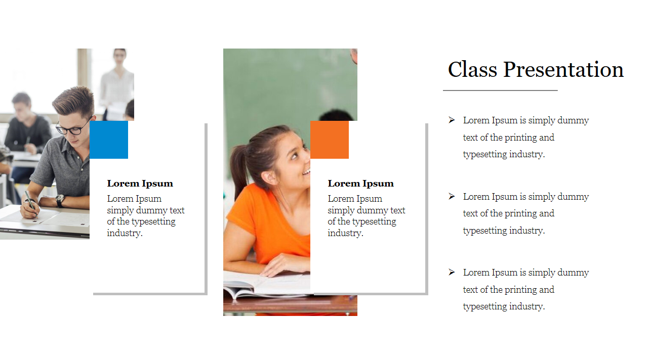 Class presentation template showing two students, with orange and blue design elements and text on the right.