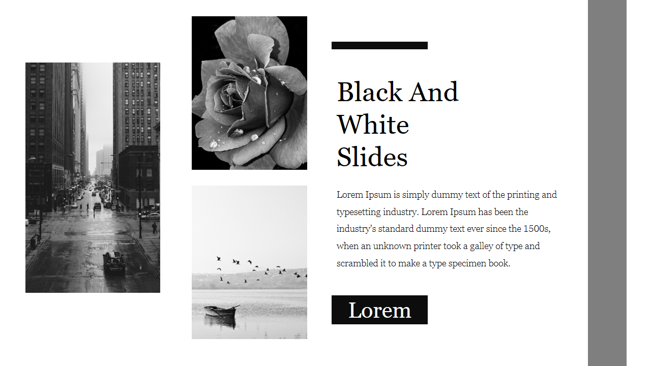 Minimalist black and white slide with images of a city, a rose, and a peaceful lake with flying birds and a boat.