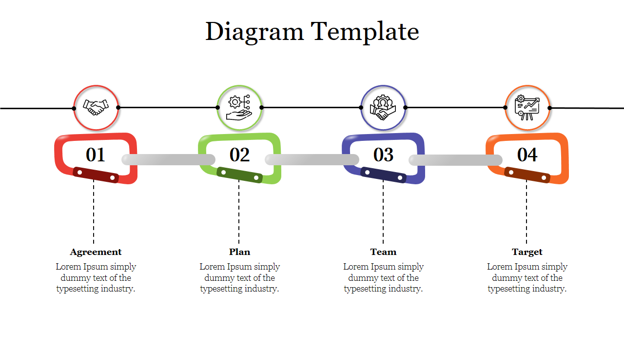 A four colored step diagram PPT template with icons from agreement to target with placeholder text on a white backdrop.