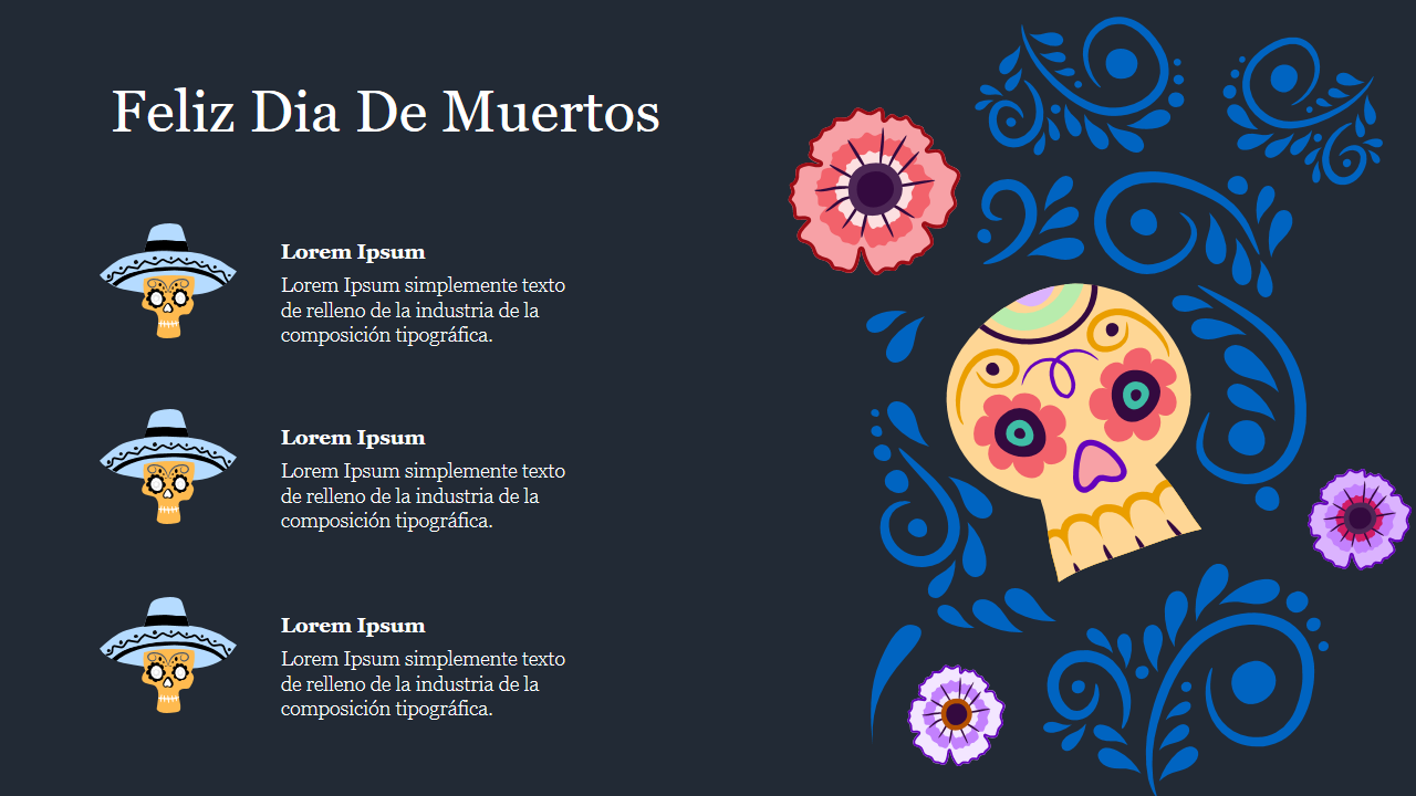 Feliz dia de muertos slide featuring colorful skull illustrations and decorative floral designs on a dark background.