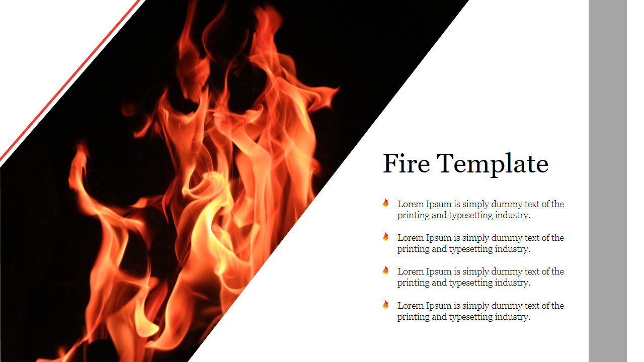 Slide with a bright flame on the left and text on the right featuring placeholder text.