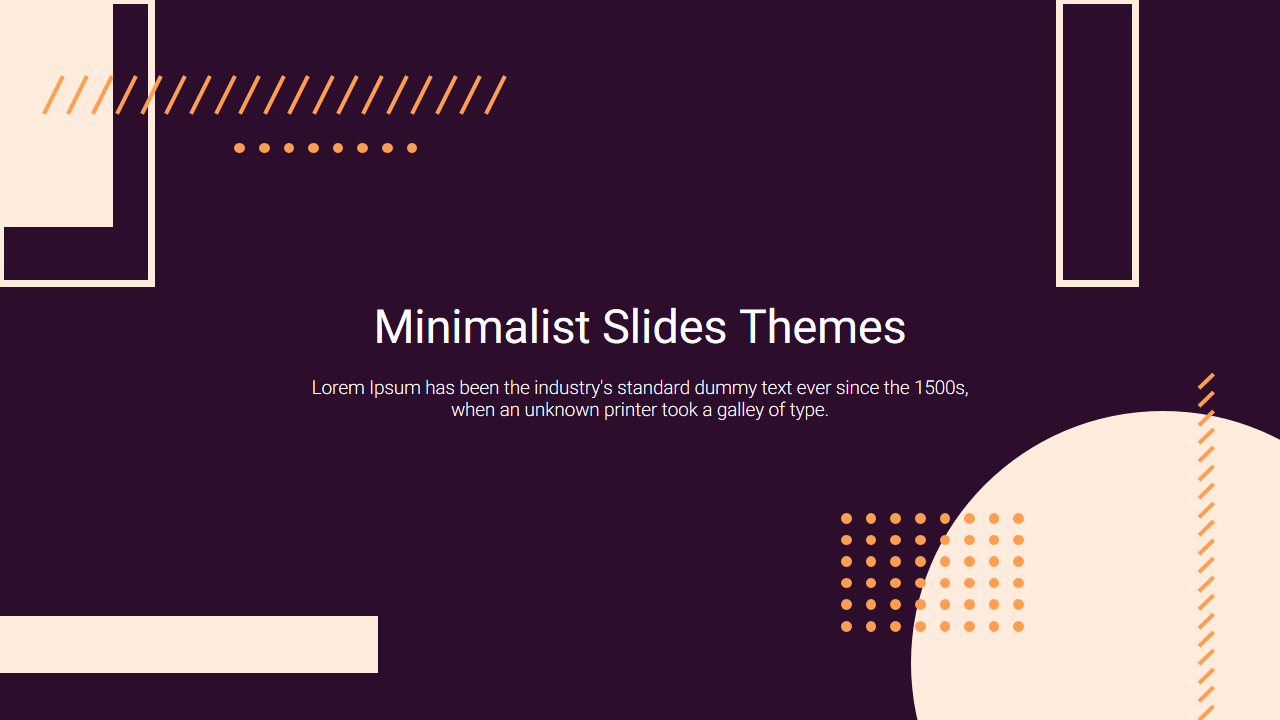 Minimalist slide with a dark purple background, light beige shapes, and dotted orange accents, with centered text.