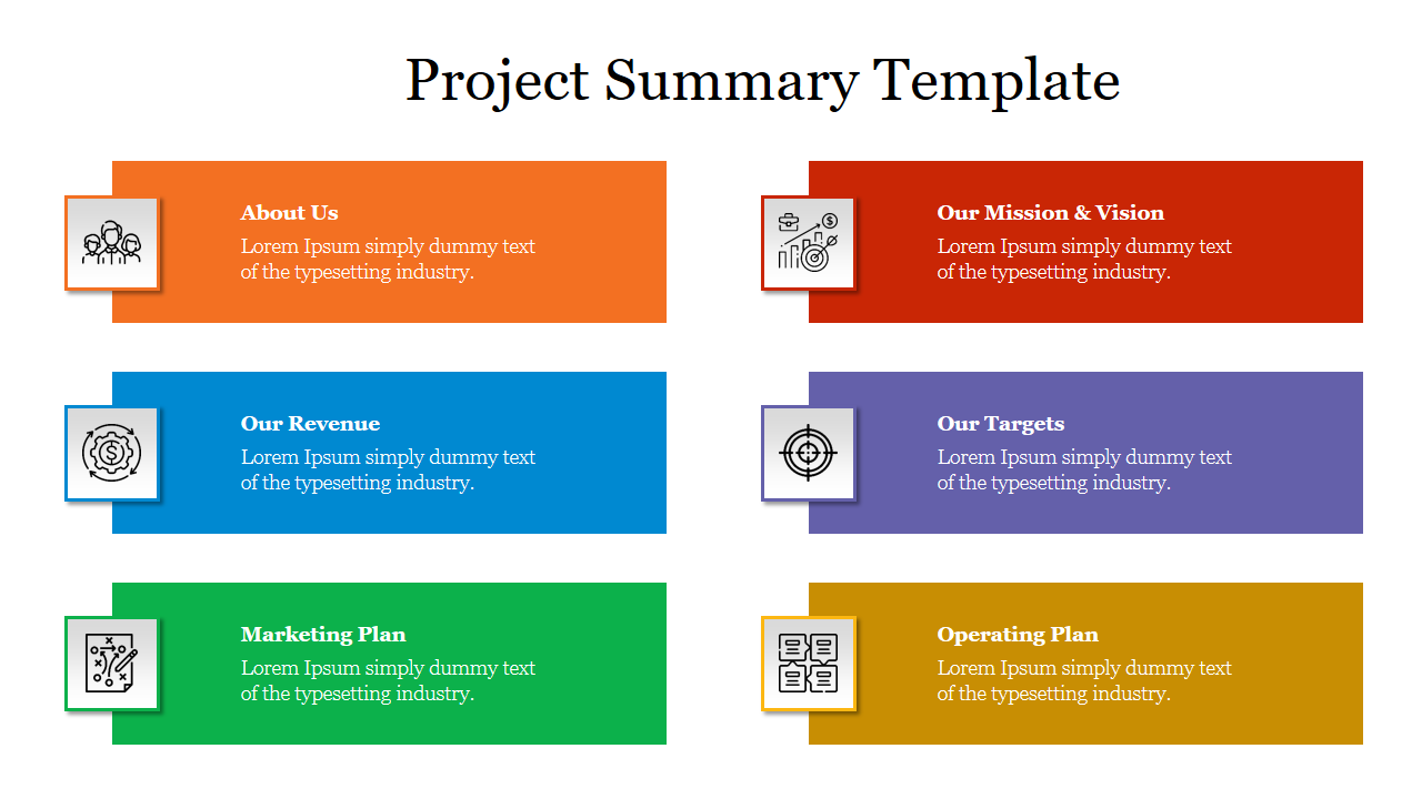 Colorful project summary slide showing six text boxes and icons with placeholder text.