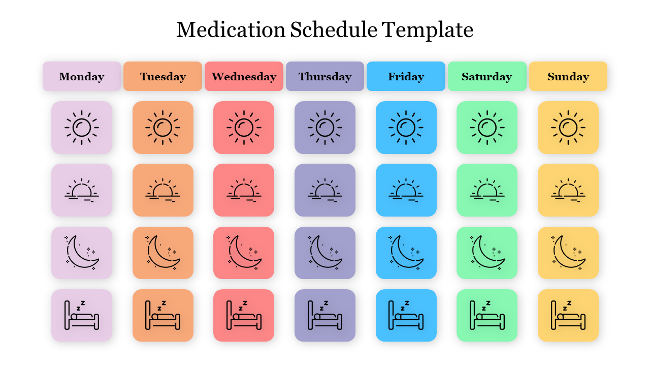 Weekly medication schedule template with days of the week and colored icons for morning, afternoon, and night.