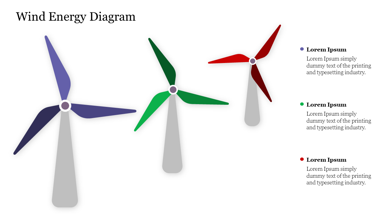 Wind energy diagram slide with three colorful wind turbines in purple, green, and red, accompanied by placeholder text.