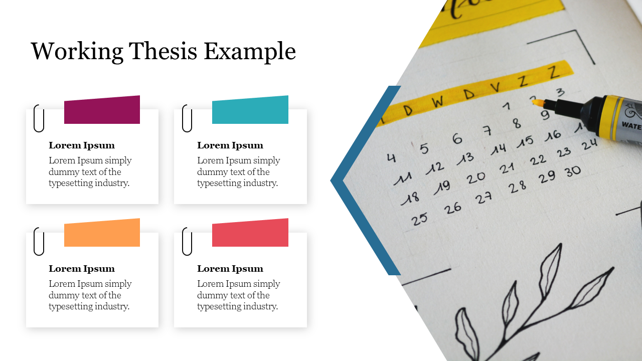 Working thesis example PPT slide with colorful sticky notes and a calendar page with a highlighted section.