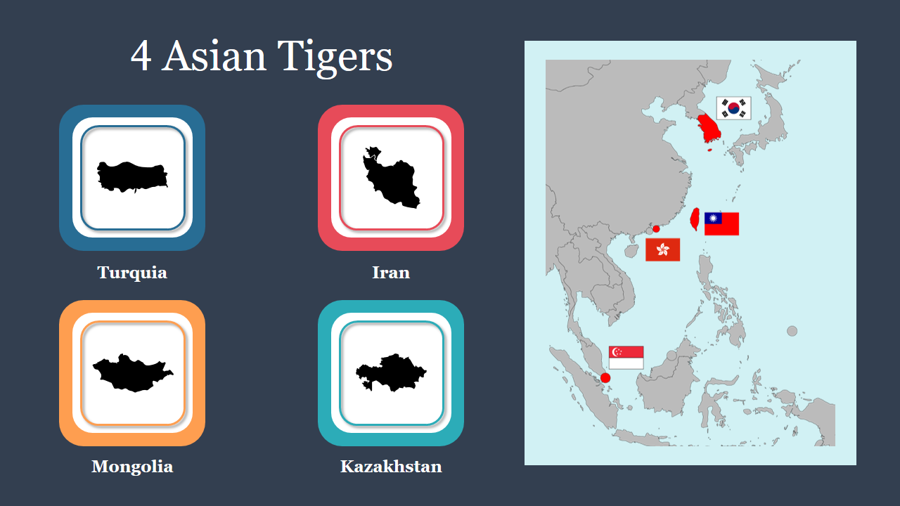 Visual representation of the four asian tigers with a map highlighting south korea, taiwan, hong kong, and singapore.