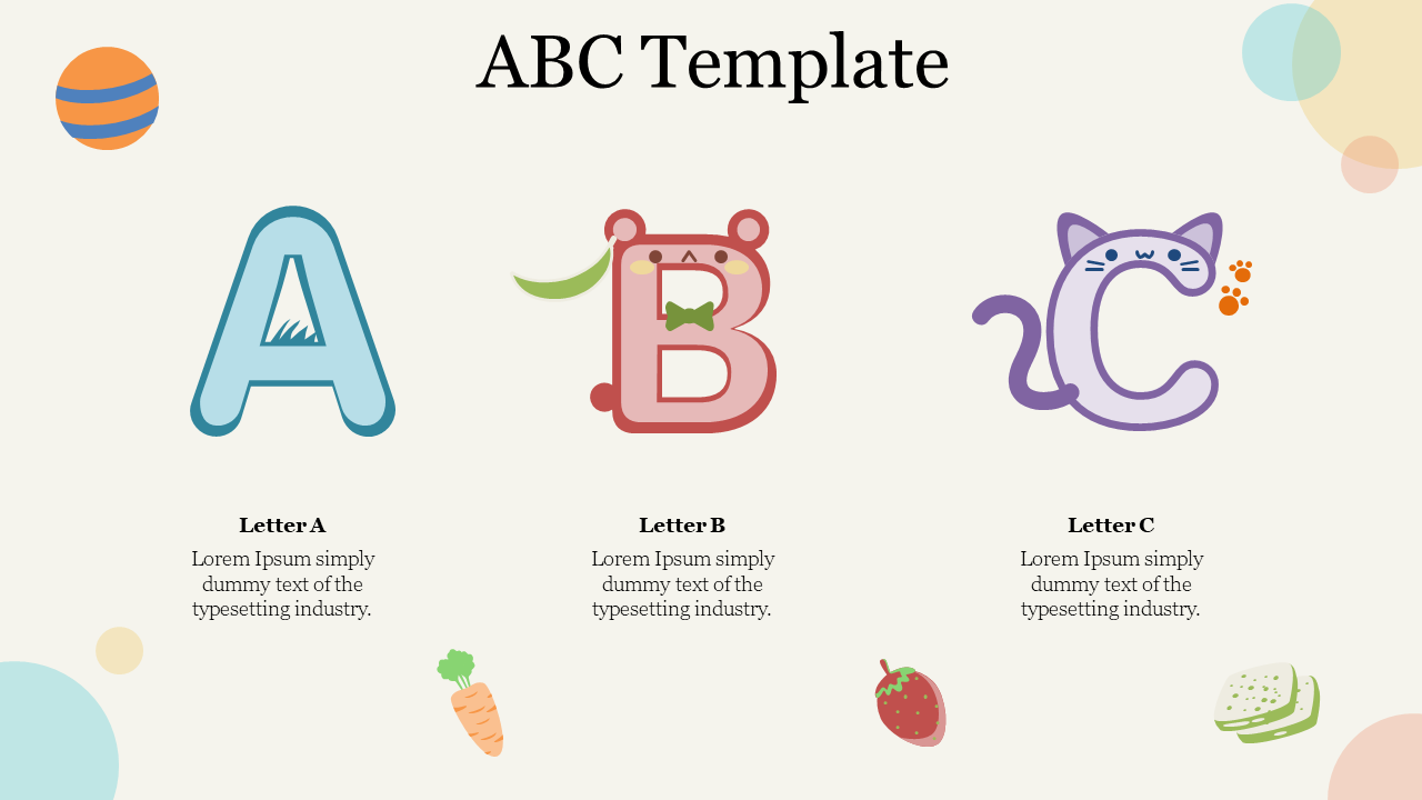 Creative alphabet design with letters A, B, and C, each with unique artwork with three caption areas.