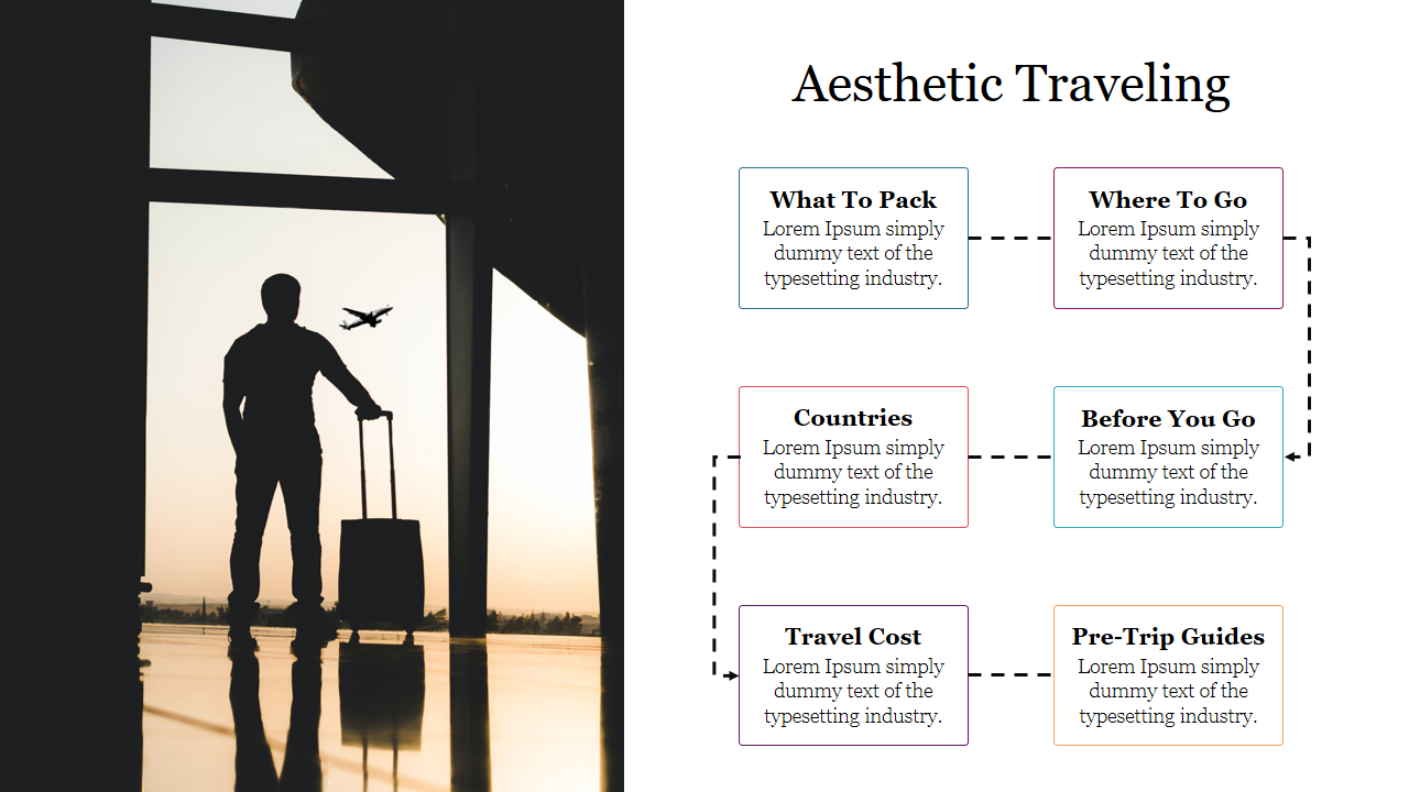 Silhouette of a traveler with luggage at an airport  with sunset lighting and colorful boxes with travel tips on the right.