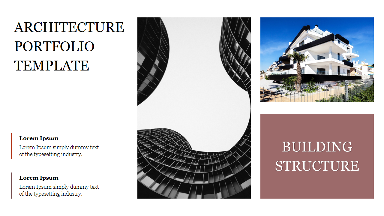 Modern architecture portfolio slide with a curved building photo, a contemporary house image, and text areas on the left.