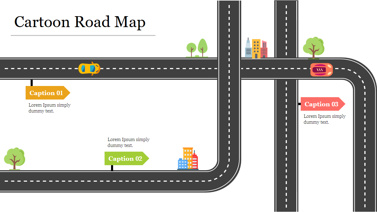 Cartoon style roadmap illustration with labeled captions, featuring a curved road, trees, buildings, and colorful cars.