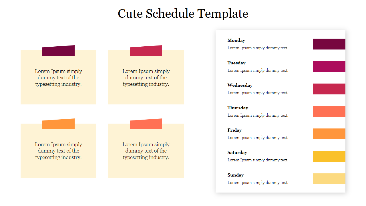 Schedule layout with four colored sticky tabs on the left, and a daily plan on the right with matching colors.