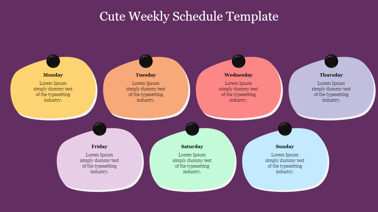 Cute weekly schedule design featuring colorful sticky notes for Monday to Sunday on a purple backdrop.