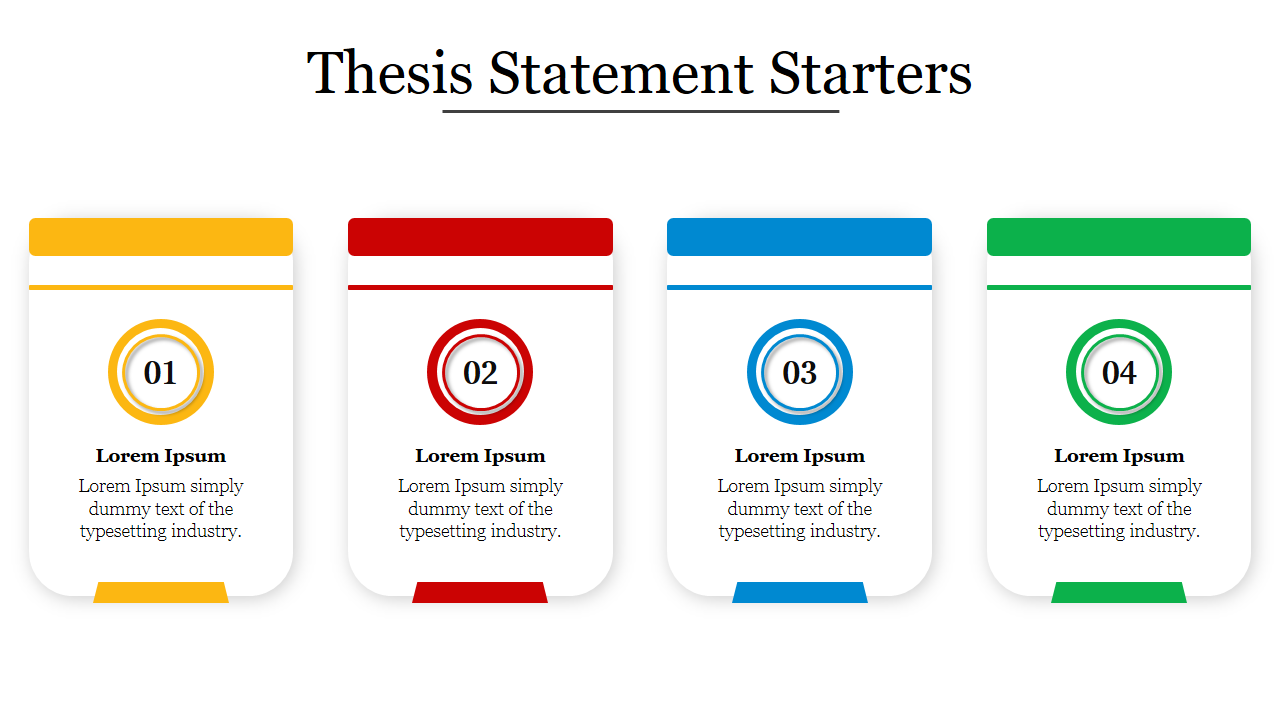 Four vertical cards in yellow, red, blue, and green, each numbered and containing placeholder text.