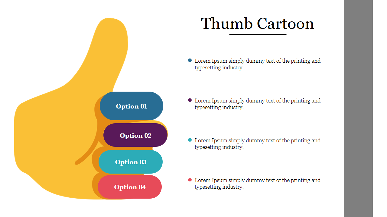 A large yellow thumbs up icon with four options in blue, purple, teal, and red, paired with captions on the right.